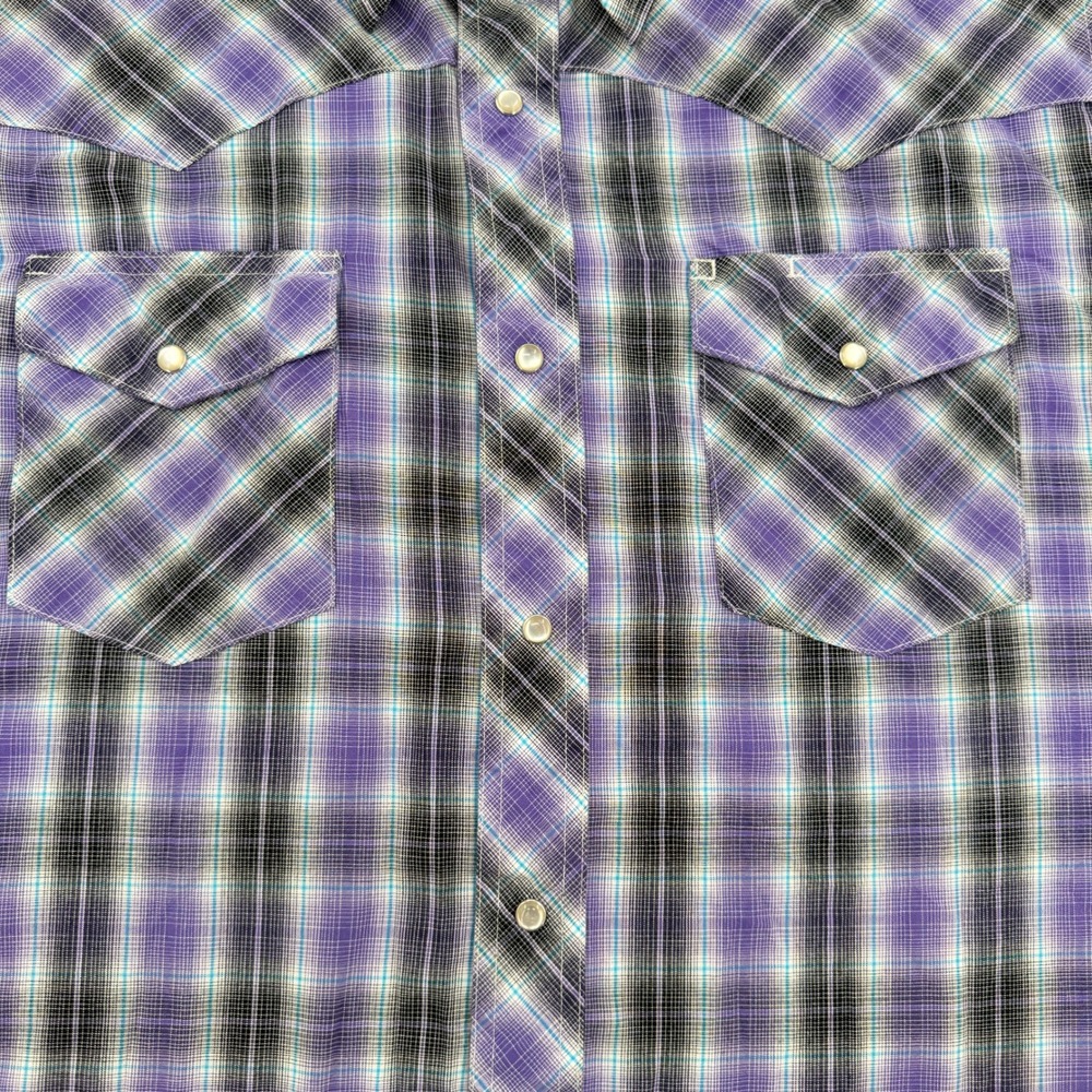 Wrangler Mens XL Purple Plaid Short Sleeve Western Pearl Snap Shirt WM197PL Y2K - Picture 3 of 8